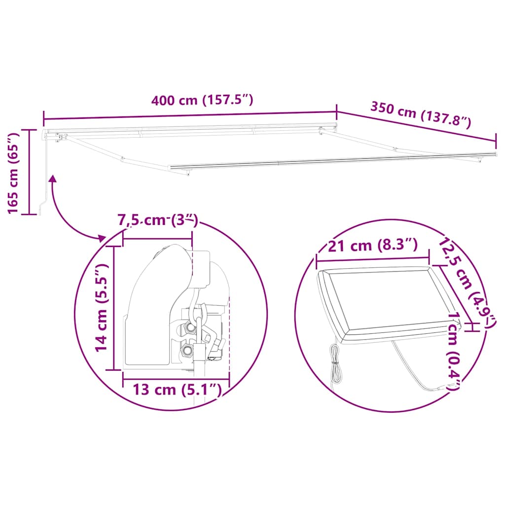 Markiseramme med LED -strimmellys Hvid 400 × 350 cm Aluminium