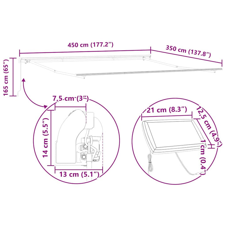Markiseramme med LED -strimmellys Hvid 450 × 350 cm Aluminium