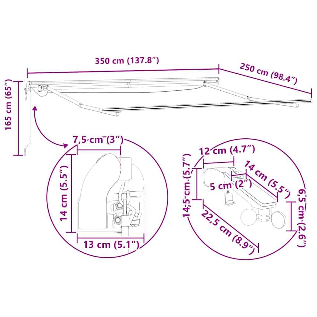 Markiseramme med LED -strimmellys Hvid 350 x 250 cm Aluminium