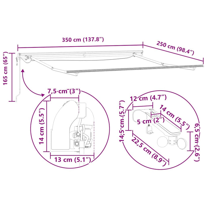 Markiseramme med LED -strimmellys Hvid 350 x 250 cm Aluminium