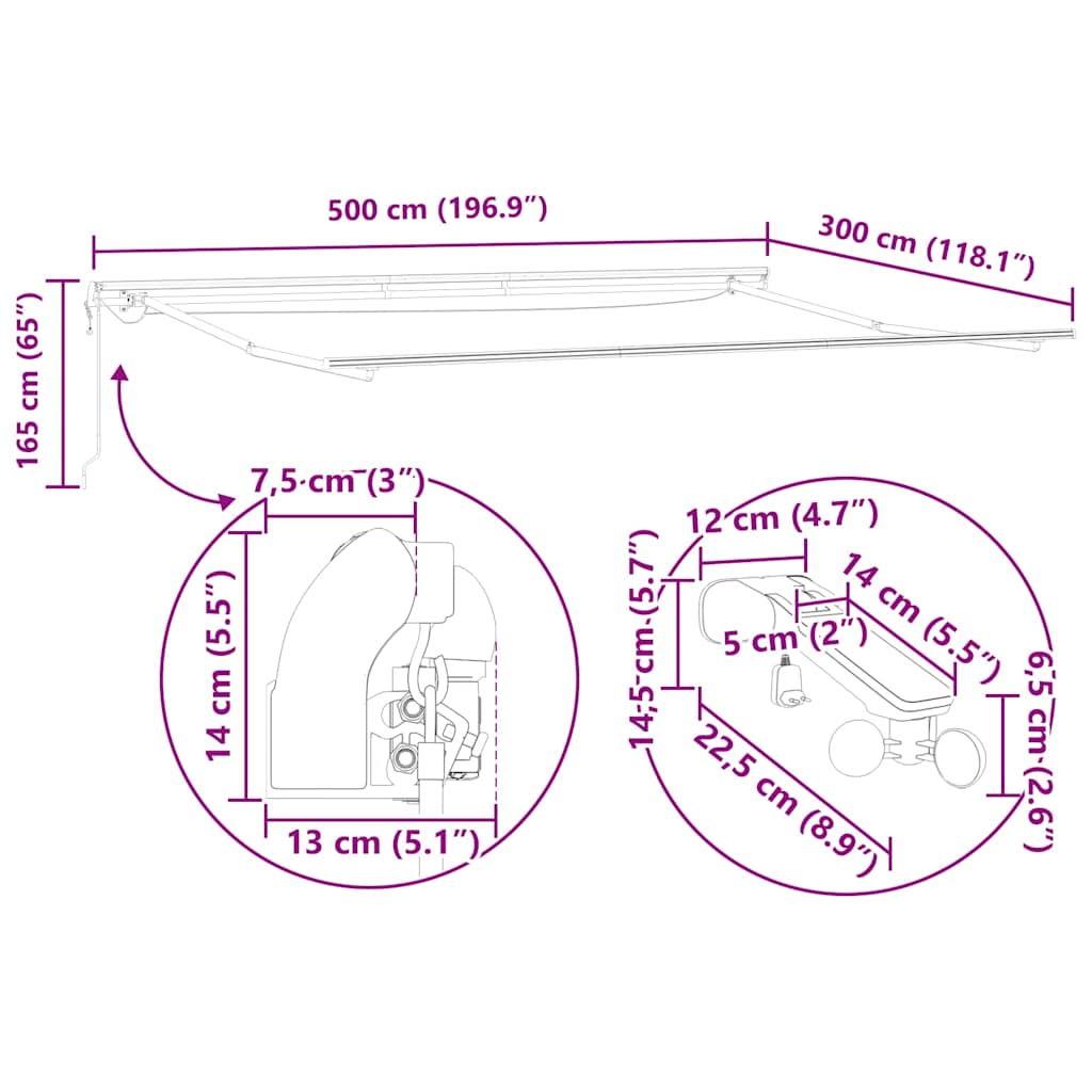 Markiseramme med LED -strimmellys Hvid 500 × 300 cm Aluminium