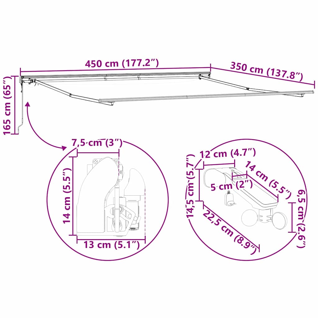 Markiseramme med LED -strimmellys Hvid 450 × 350 cm Aluminium