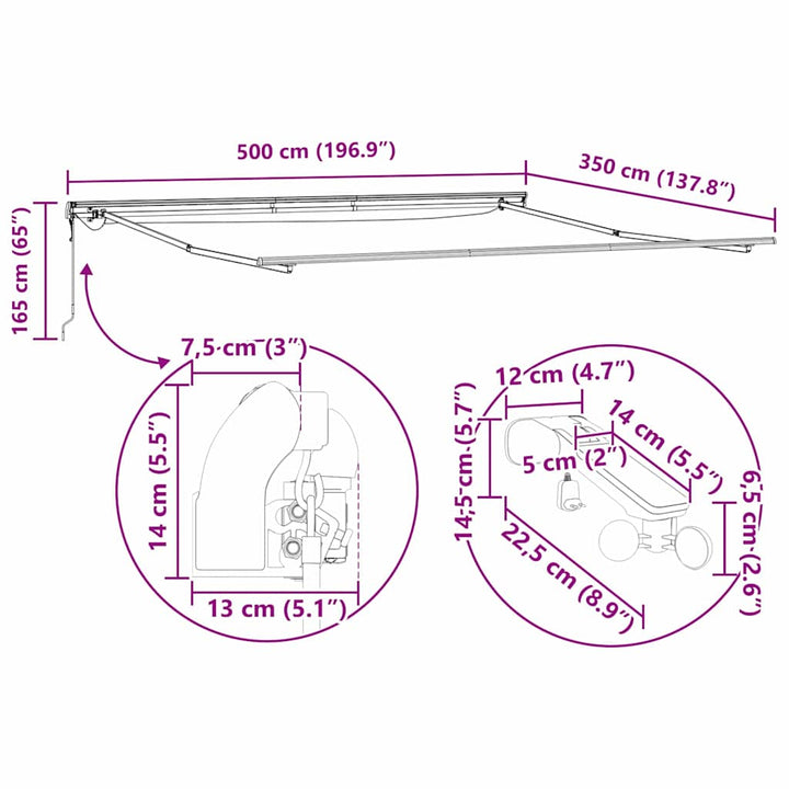 Markiseramme med LED -strimmellys Hvid 500 × 350 cm Aluminium