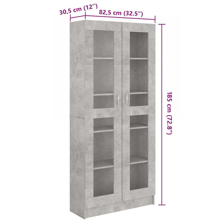 vitrineskab 82,5x30,5x185,5 cm konstrueret træ betongrå