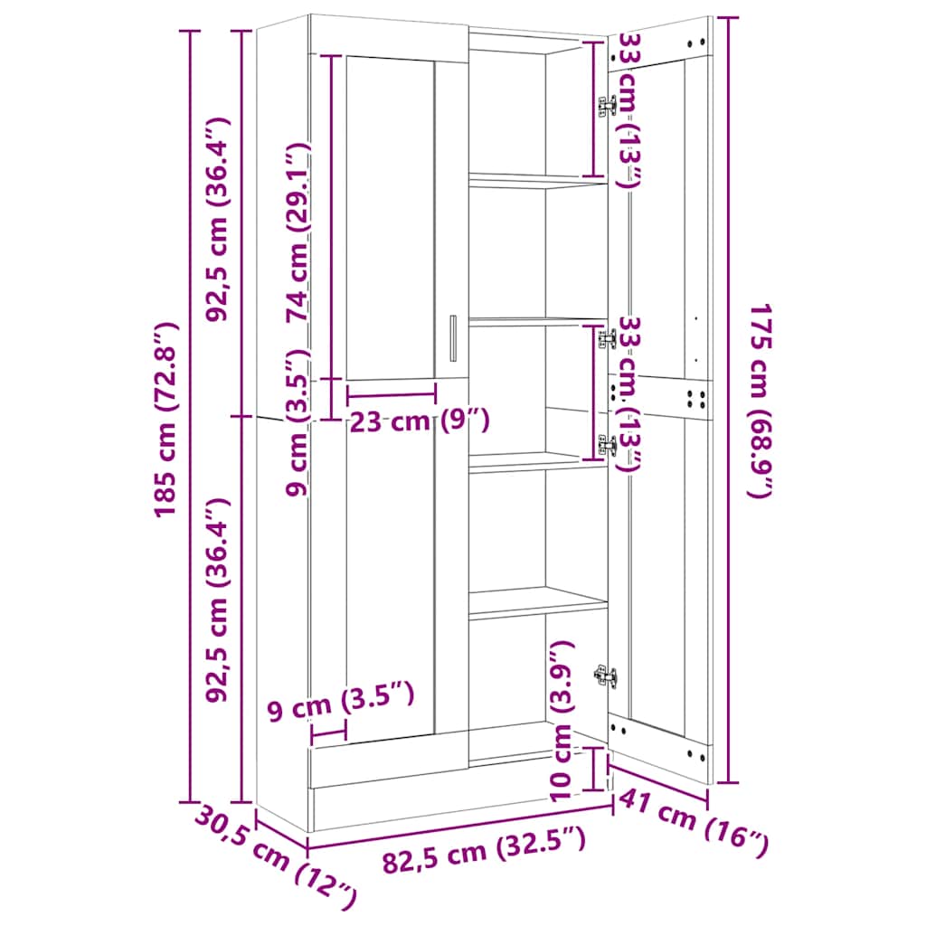 vitrineskab 82,5x30,5x185,5 cm konstrueret træ betongrå