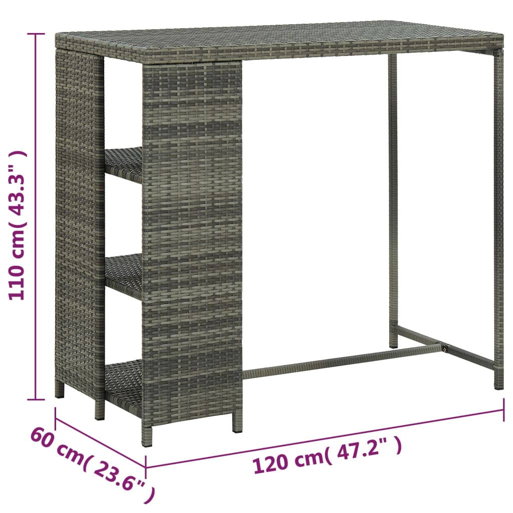 barbord med opbevaringsstativ 120x60x110 cm polyrattan grå