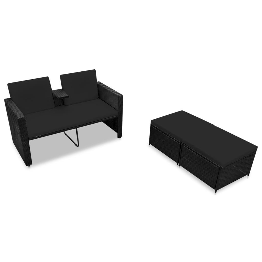 loungesæt til haven 3 dele med hynder polyrattan sort