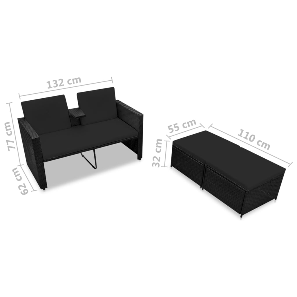 loungesæt til haven 3 dele med hynder polyrattan sort
