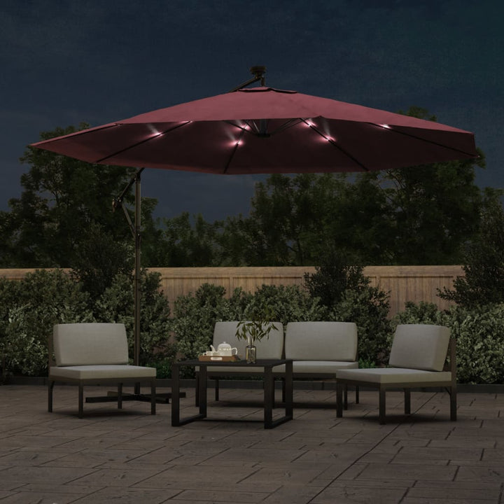 hængeparasol m. LED-lys 350 cm bordeauxrød