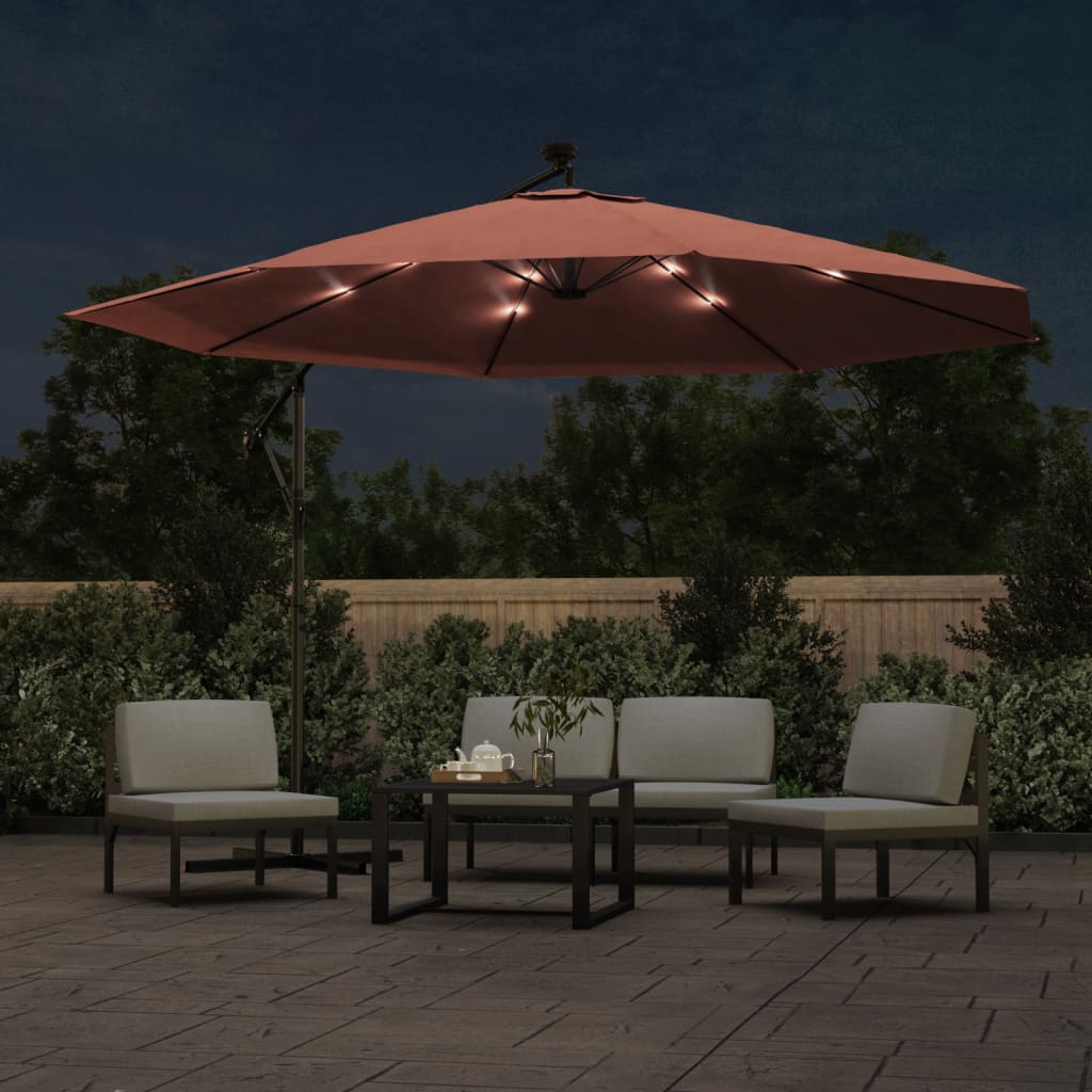 hængeparasol m. LED-lys 350 cm terrakotta
