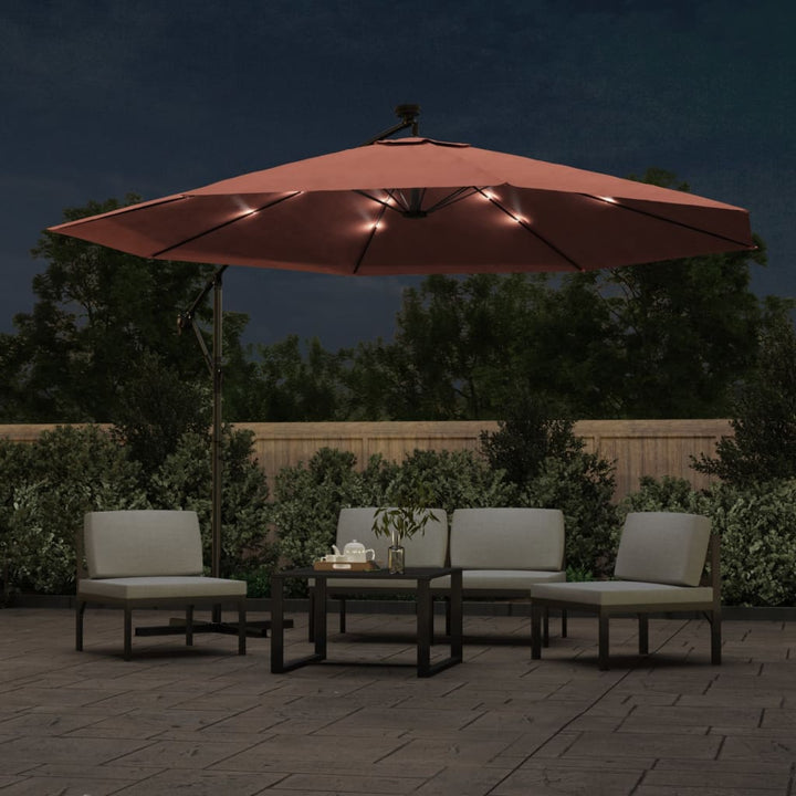 hængeparasol m. LED-lys 350 cm terrakotta