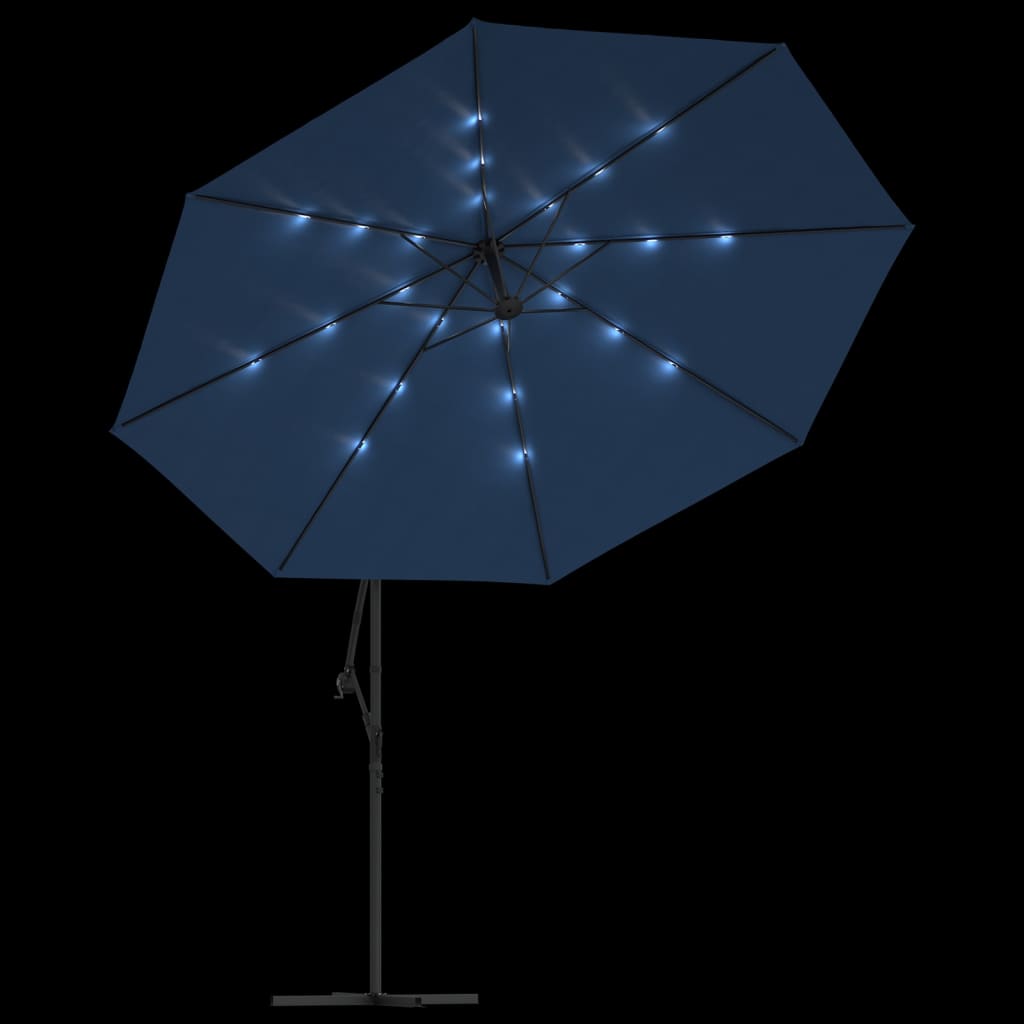 hængeparasol m. LED-lys 350 cm azurblå