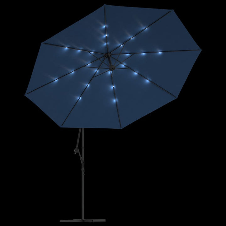 hængeparasol m. LED-lys 350 cm azurblå