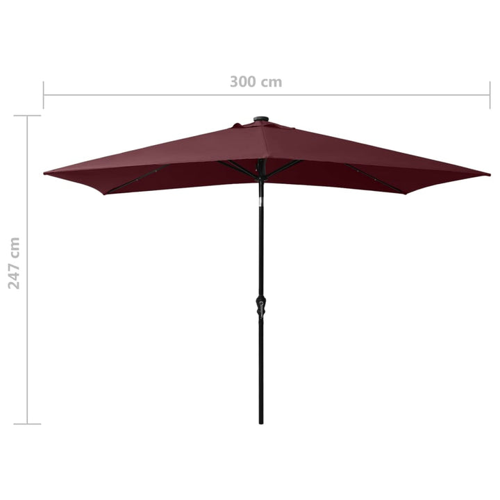 parasol med LED-lys og stålstang 2x3 m bordeauxrød