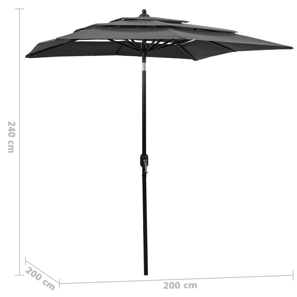 parasol 2x2 m aluminiumsstang 3 niveauer antracitgrå