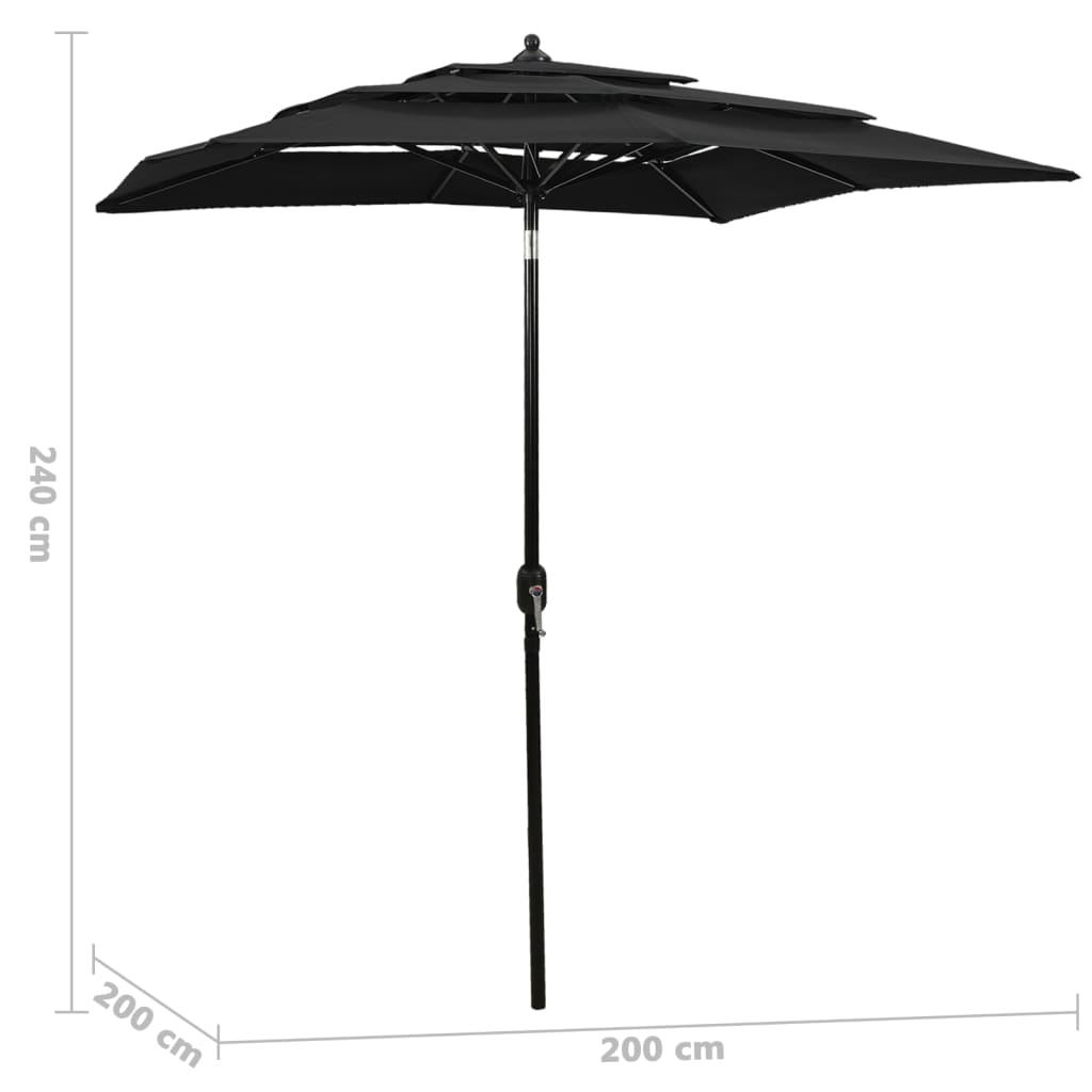 parasol 2x2 m aluminiumsstang 3 niveauer sort
