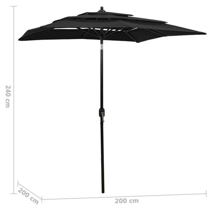 parasol 2x2 m aluminiumsstang 3 niveauer sort