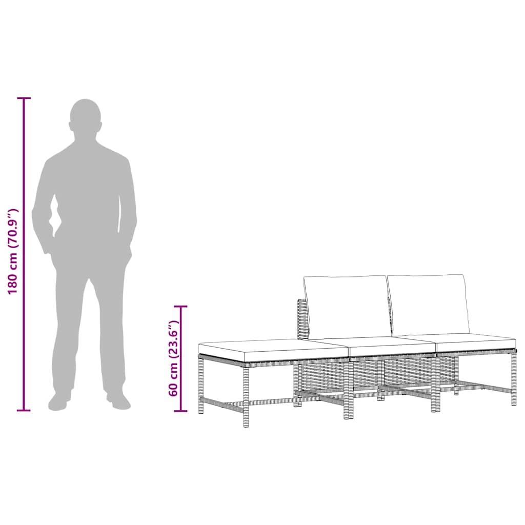 havesofasæt 3 dele med hynder polyrattan grå