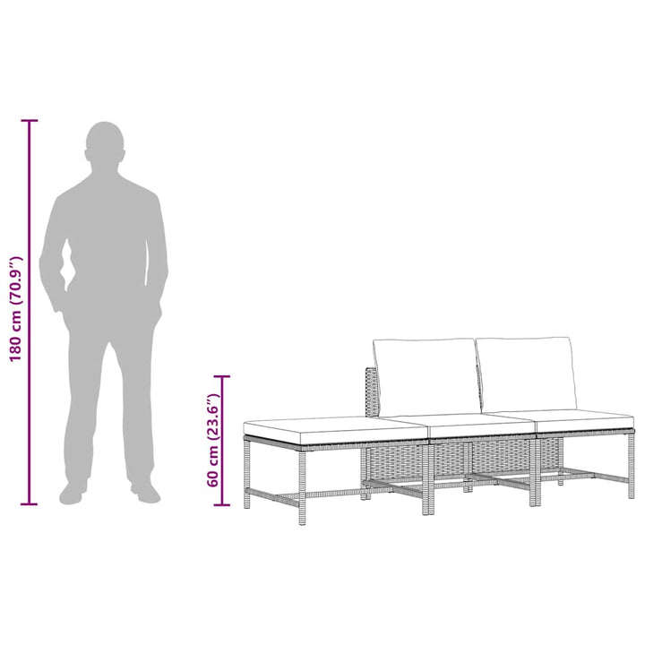 havesofasæt 3 dele med hynder polyrattan grå