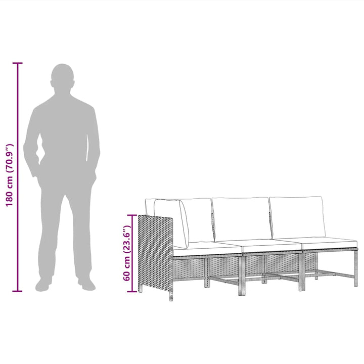 sofasæt til haven 3 dele med hynder polyrattan sort