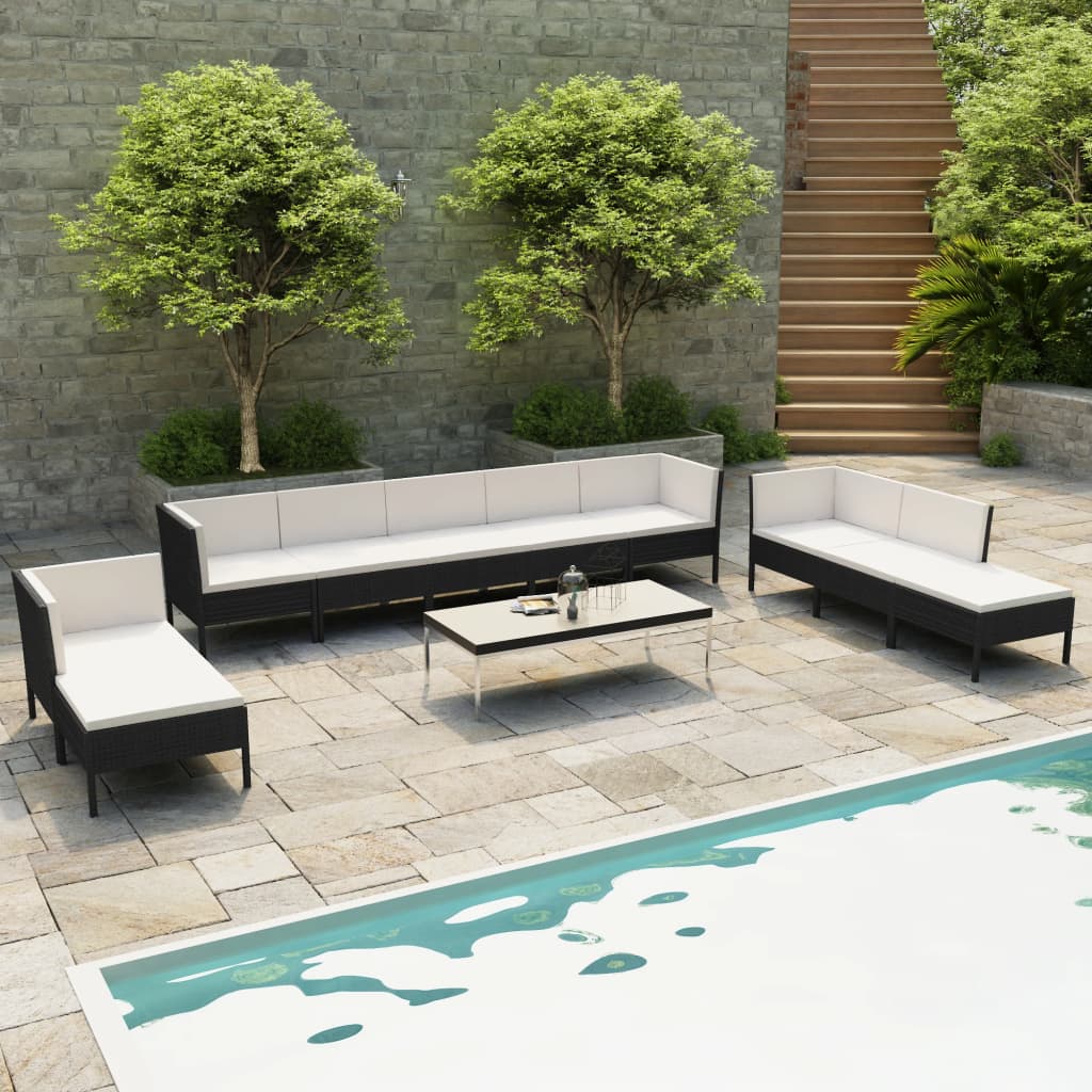 loungesæt til haven 10 dele med hynder polyrattan sort