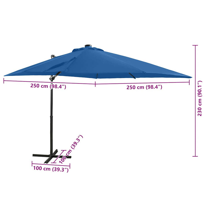 hængeparasol med stang og LED-lys 250 cm azurblå
