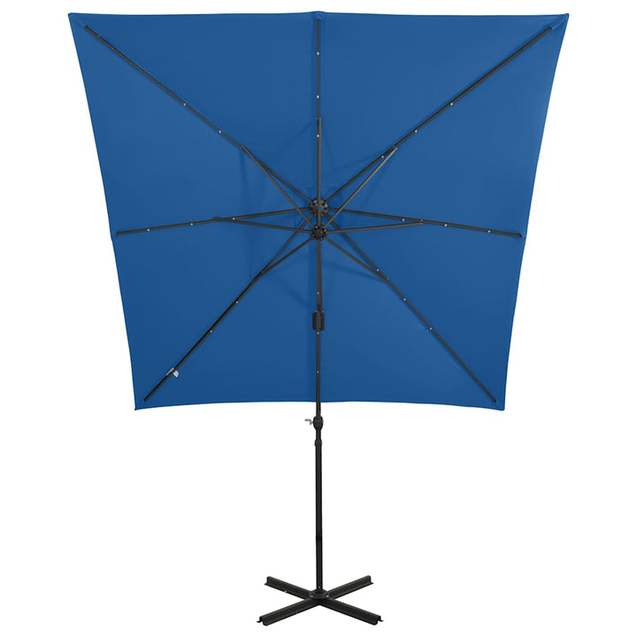 hængeparasol med stang og LED-lys 250 cm azurblå
