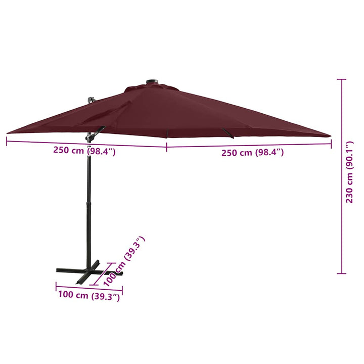 hængeparasol med stang og LED-lys 250 cm bordeauxrød
