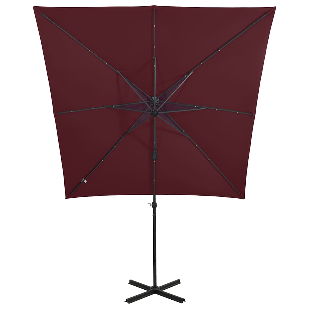hængeparasol med stang og LED-lys 250 cm bordeauxrød