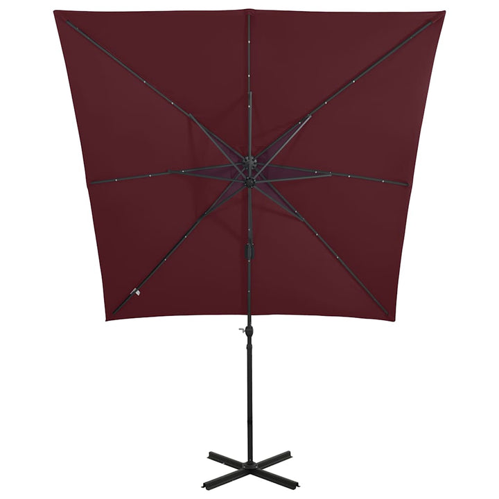 hængeparasol med stang og LED-lys 250 cm bordeauxrød