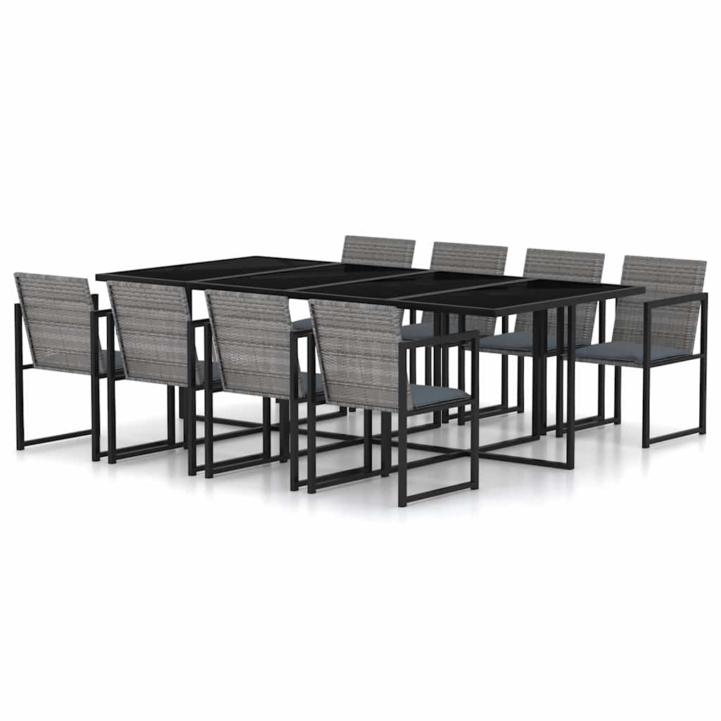 udendørs spisebordssæt 9 dele med hynder polyrattan grå