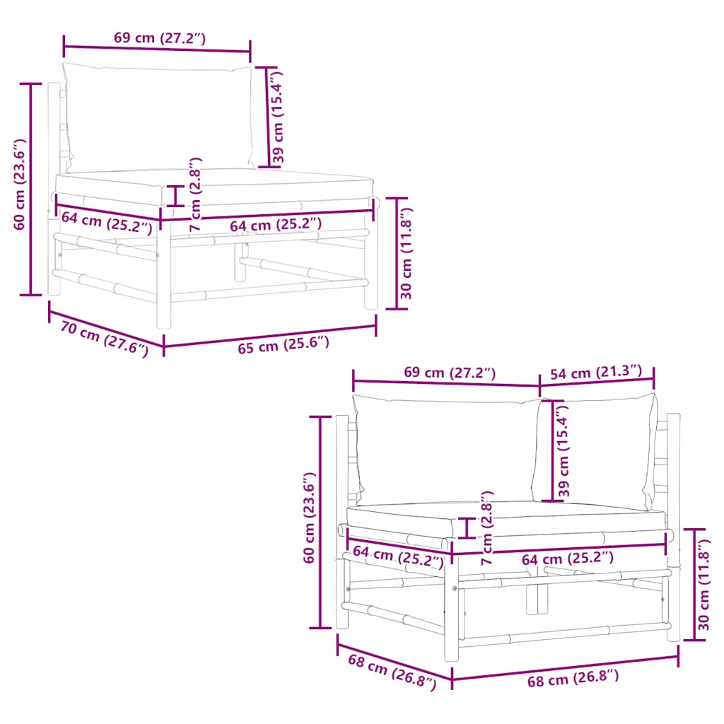 loungesæt til haven 2 dele med cremehvide hynder bambus