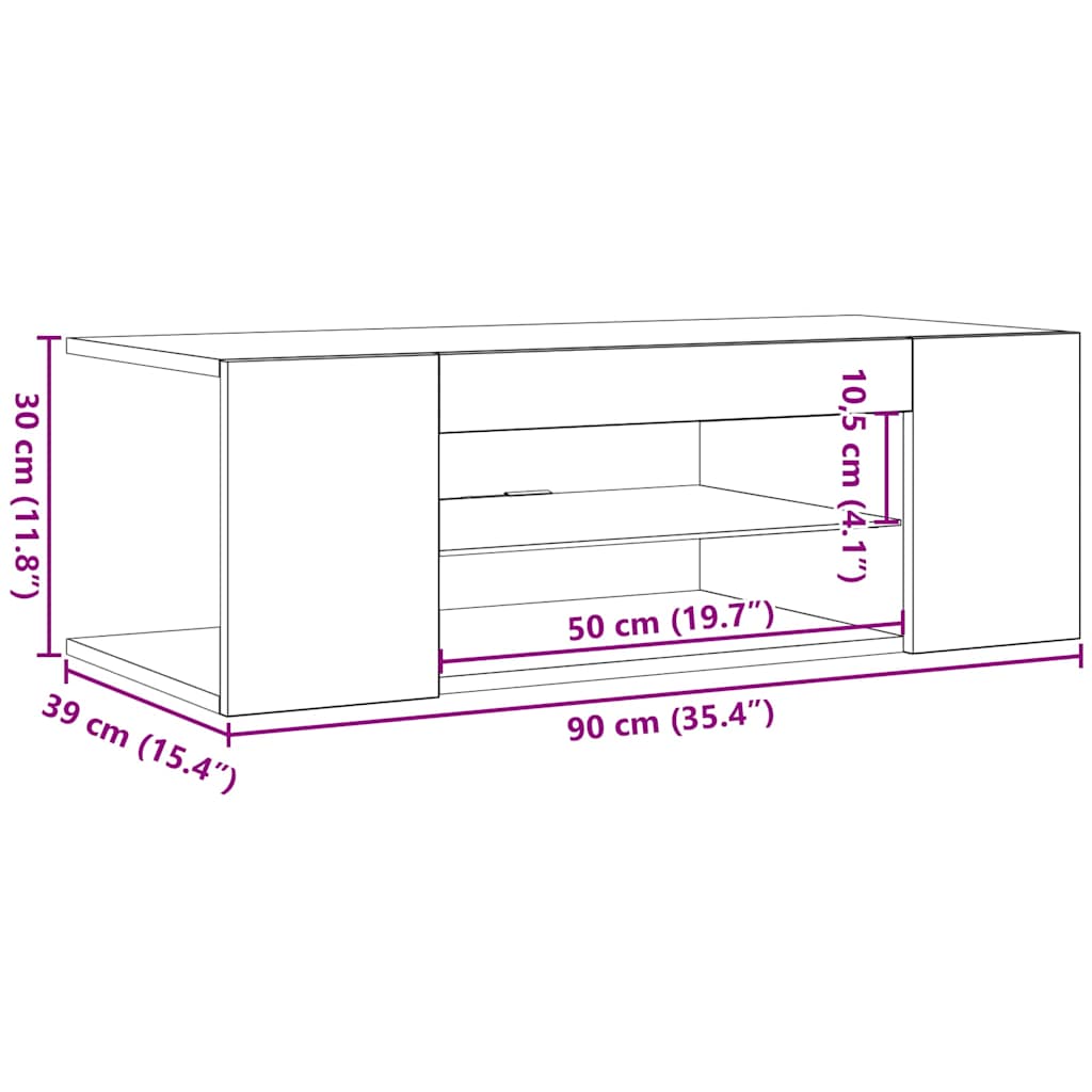 tv-skab med LED-lys 90x39x30 cm hvid højglans
