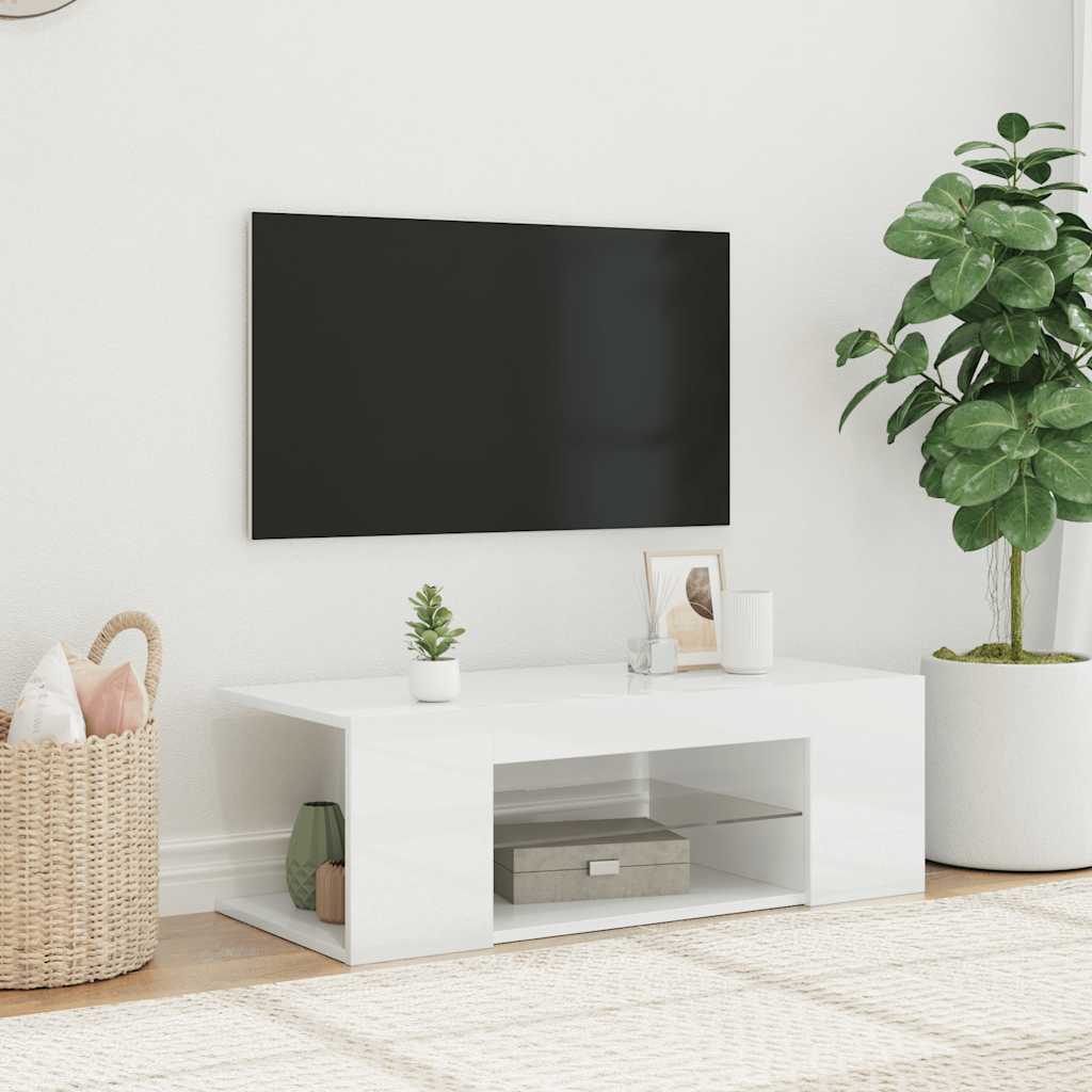 tv-skab med LED-lys 90x39x30 cm hvid højglans