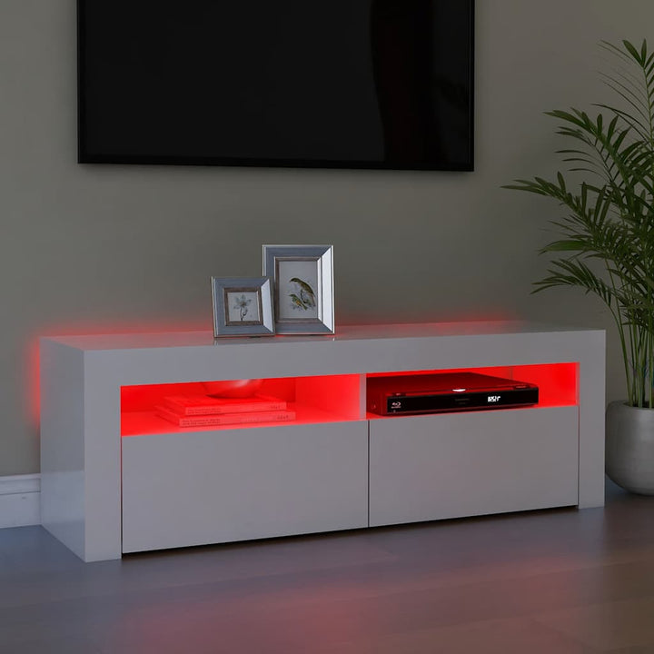 tv-skab med LED-lys 120x35x40 cm hvid højglans