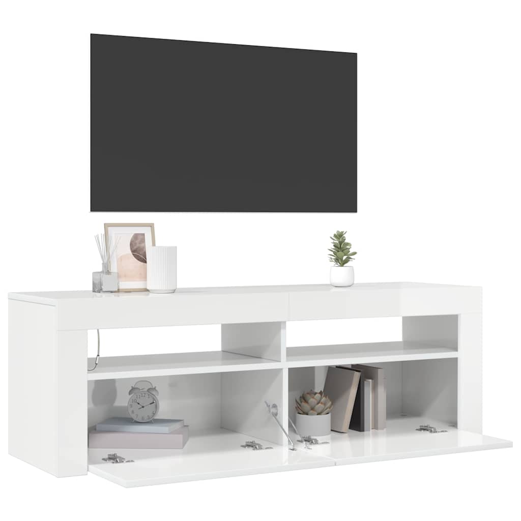 tv-skab med LED-lys 120x35x40 cm hvid højglans