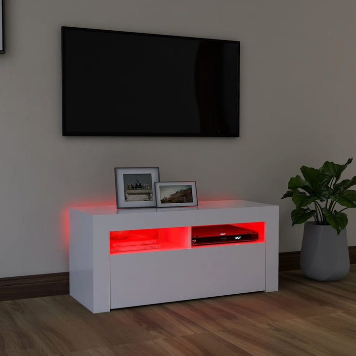 tv-skab med LED-lys 90x35x40 cm hvid