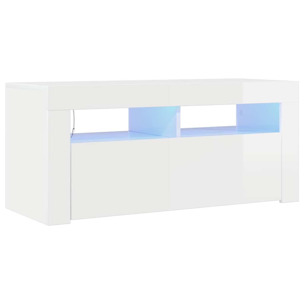 tv-skab med LED-lys 90x35x40 cm hvid højglans