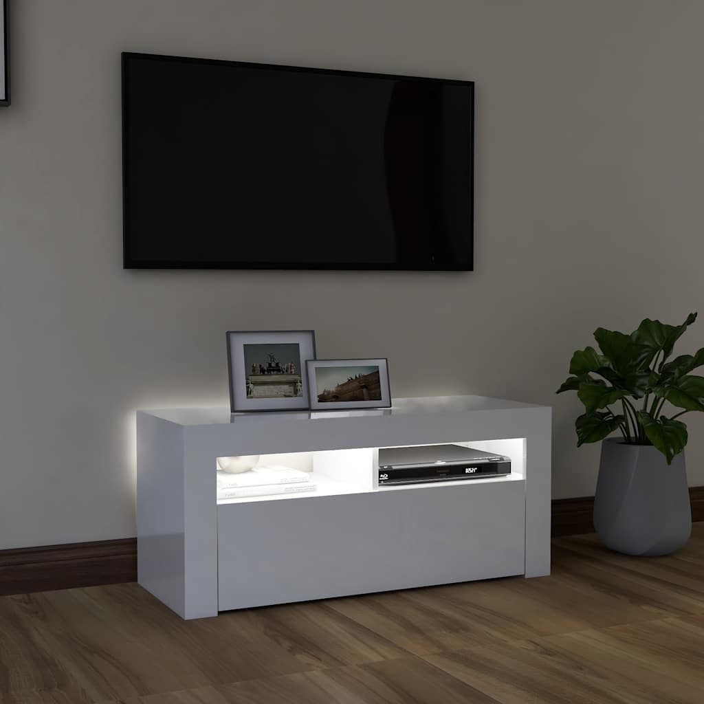 tv-skab med LED-lys 90x35x40 cm hvid højglans