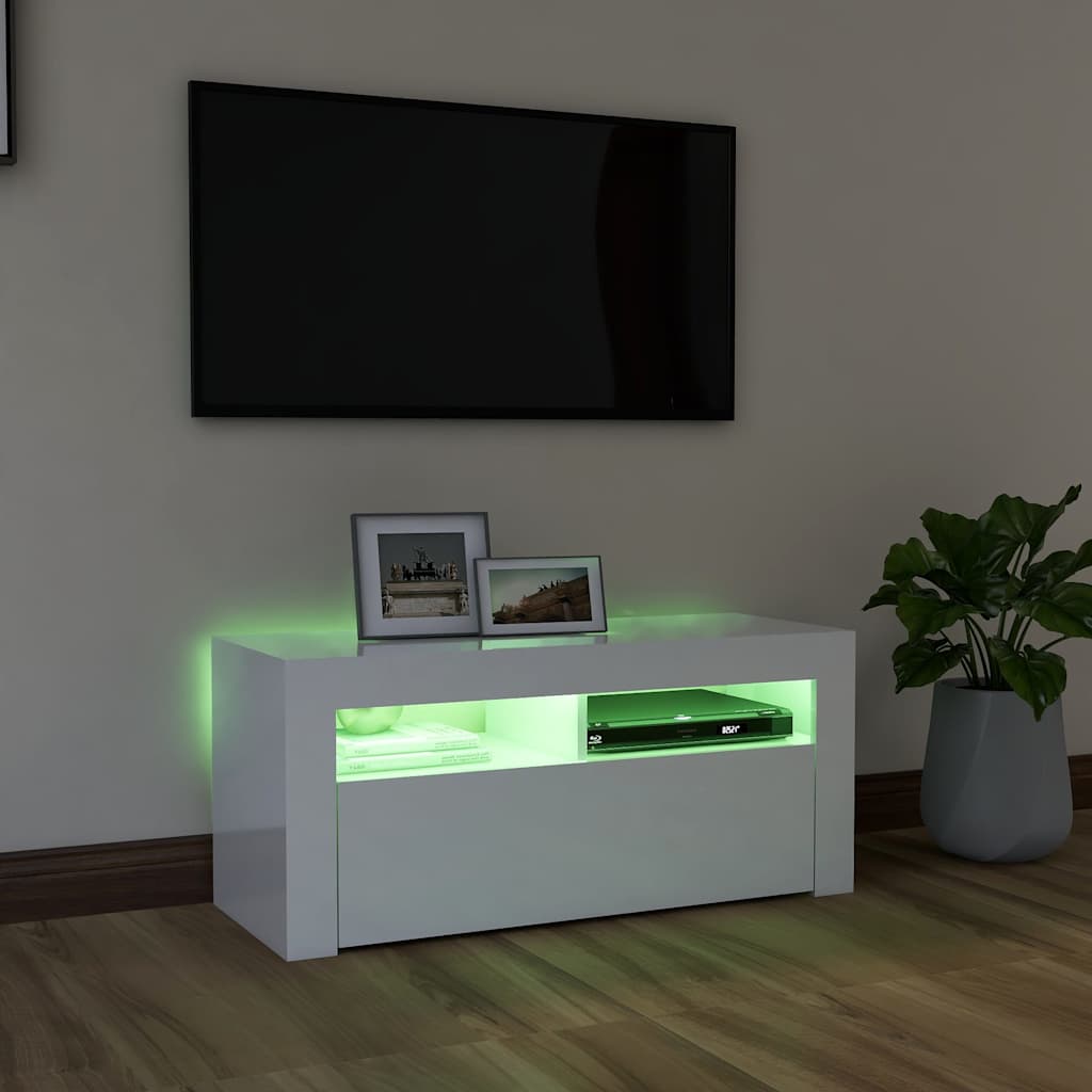 tv-skab med LED-lys 90x35x40 cm hvid højglans