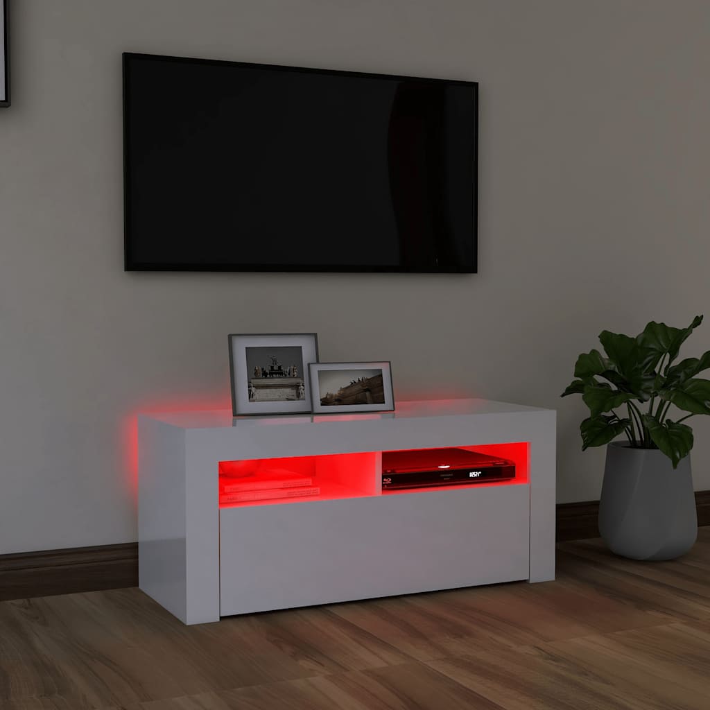 tv-skab med LED-lys 90x35x40 cm hvid højglans
