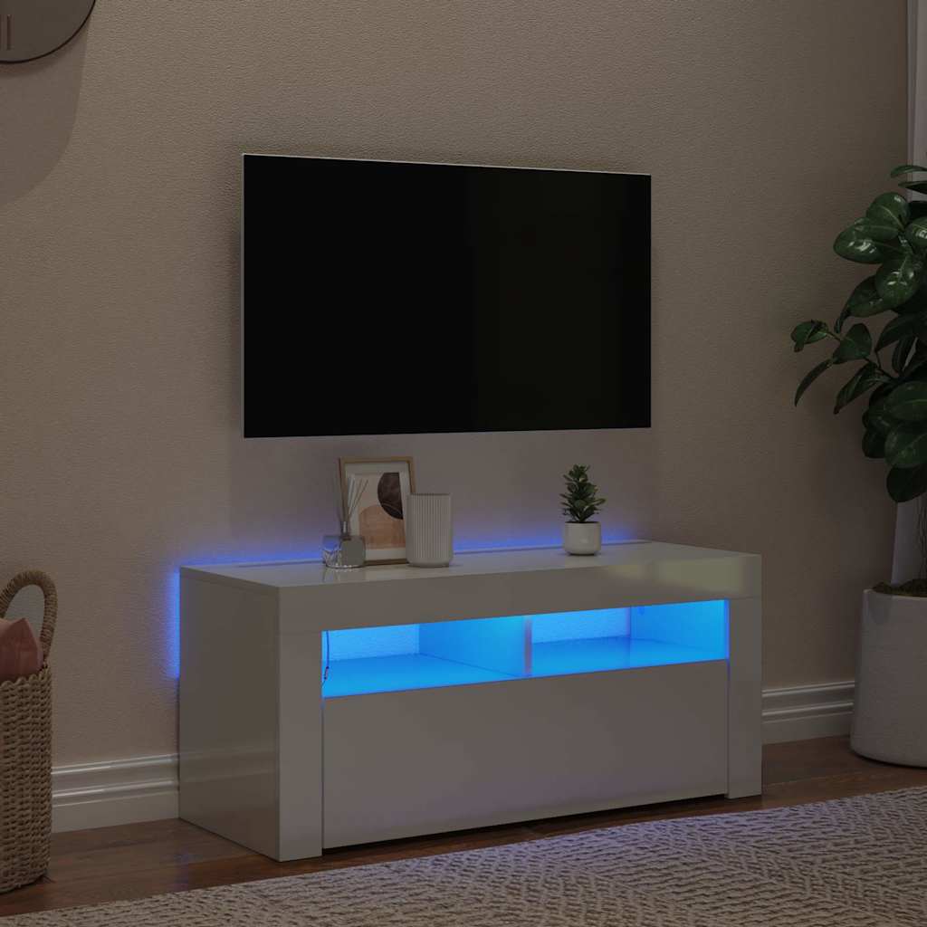 tv-skab med LED-lys 90x35x40 cm hvid højglans