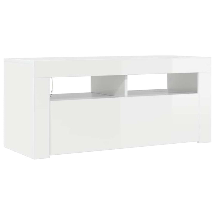 tv-skab med LED-lys 90x35x40 cm hvid højglans