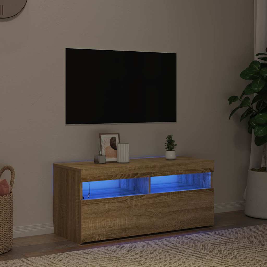 tv-bord med LED-lys 90x35x40 cm sonoma-eg