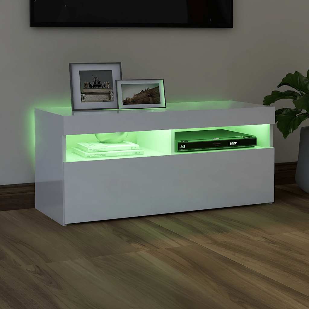 tv-skab med LED-lys 90x35x40 cm hvid højglans