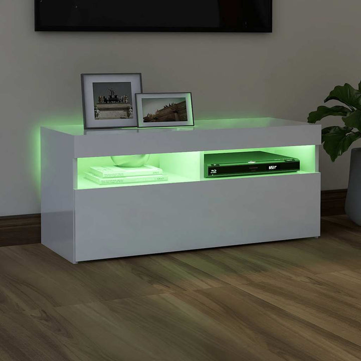 tv-skab med LED-lys 90x35x40 cm hvid højglans