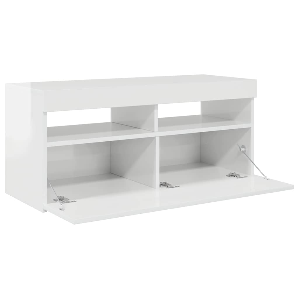 tv-skab med LED-lys 90x35x40 cm hvid højglans