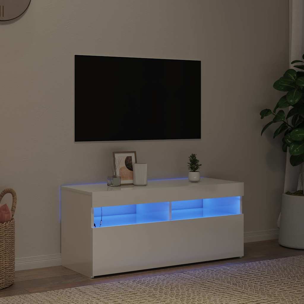 tv-skab med LED-lys 90x35x40 cm hvid højglans