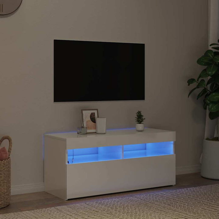 tv-skab med LED-lys 90x35x40 cm hvid højglans
