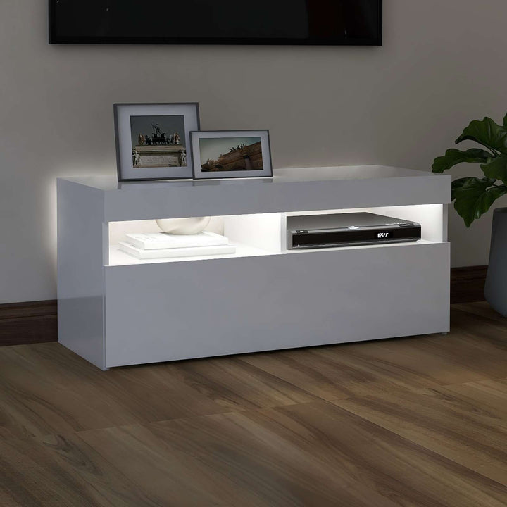 tv-skab med LED-lys 90x35x40 cm hvid højglans